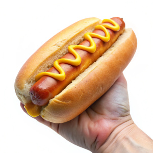 Hand holding hot dog on white background