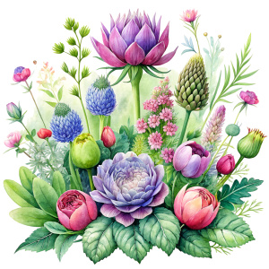 watercolor image , artichokes  ,pink centaurea ,nigella ,mentha ,, hydrangea , wild lupine ,compass plant ,dogwoodevening primrose ,nodding onion , cosmos,scilla,hosta ,achillea,carly dock ,bee balm , physalis , watercolor,  background