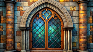 hight gothic hight window glass ,wood wall design - perfect realistic art,wood - high-definition - brown and black wood wall- white background 