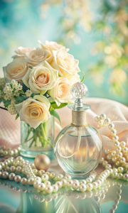 Still life, a beautiful perfume bottle decorated with pearls and diamonds, next to a vase filled with roses and jasmine, , pearls, diamonds, satin ribbon, in soft blue, olive and cream pastel colors, clear contours, on a light abstract background,