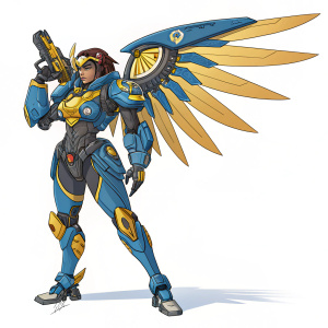 Digital art of Overwatch character Pharah, detailed armor design, vibrant color palette, white background, illustration