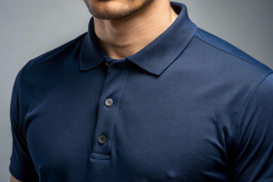 man wear a closeup chest mockup of cotton navy polo shirt, without logo on chest