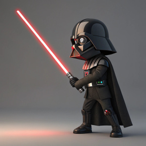 A Star Wars character resembling Darth Vader, holding a red lightsaber. Neutral gray studio background