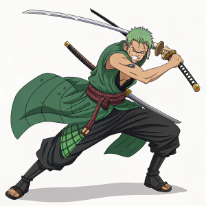 Digital illustration. Roronoa Zoro, character from One Piece, depicted in a fierce combat pose. Multiple swords drawn. Plain background