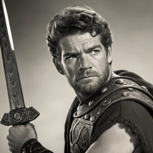 Close-up of Stephen Boyd in character as Ben-Hur. He wears a traditional Roman soldier uniform. Serious expression, gripping a sword with intricate hilt. Shot in black and white, with a blurred, neutral background.