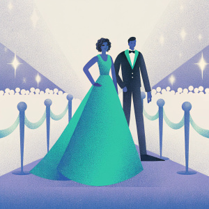 Valeria Golino and Riccardo Scamarcio attend a glamorous film festival. They both wear stunning evening gowns and tuxedos. Bright lights and excited crowd in the background.