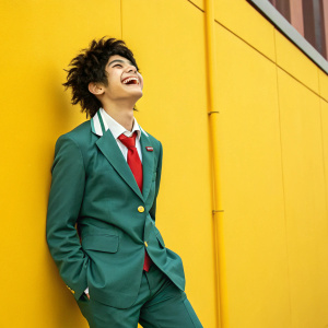 Midoriya Izuku, aka Deku, sporting a cheerful grin, in his iconic red tie school uniform. Standing solo against a vivid yellow backdrop.