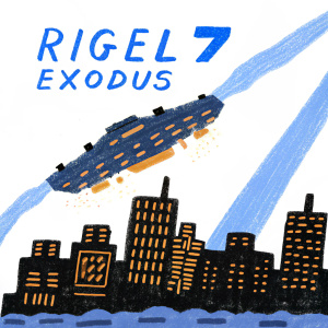 Book cover for 'Rigel 7 Exodus'. Illustration features a massive spaceship lifting off amidst a neon-lit futuristic city. Blue and orange hues dominate the scene.