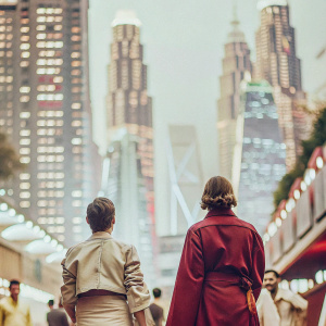 Promotional image for Blade Runner. Scene of futuristic cityscape with neon lights in the background.