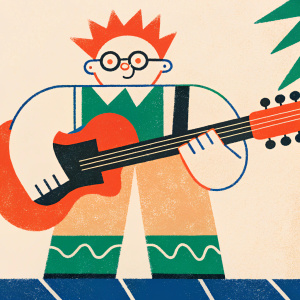 jazz improviser with little hair on his head, semi hollow guitar, f holes, wearing round black glasses, bright colors