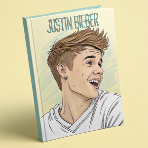 Cartoony illustration of Justin Bieber, light pastel colors, plain yellow background, digital art, modern book cover style.
