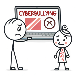 Minimalist cartoon illustration on a white background depicting a scenario of cyberbullying. Two simple stick figures, one with a sad face, the other with a menacing expression. A laptop screen with a bold warning message.