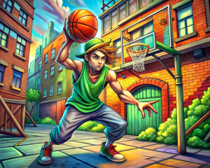 avatar for a social network, street basketball, use all the basketball accessories:  a cartoon basketball player throwing the ball into the basket on the street