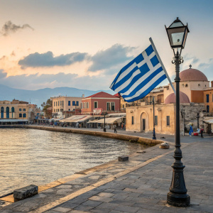 A serene Greek port town, Chania in Crete, Greece. Greek flag with blue and white stripes. Various buildings with distinct architectural styles and hues. Calm waters reflecting the classic lamp posts and prominent Greek flags