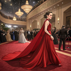 Daisy Ridley, in a stunning red dress with a long train, at a star-studded gala event.