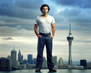 Bobby Deol full body image wearing tshirt and standing in front of sky city Auckland