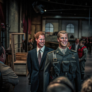 Prince Harry's wax figure at Madame Tussauds, next to Prince William's figure. Crowded exhibit area.