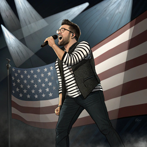 Danny Gokey performing on stage, intense expression. Striped shirt, vest, dark pants. American flag backdrop. Dramatic lighting