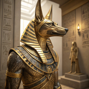 High-definition 3D render of a gold Anubis statue. Digital art with intricate details and lifelike texture