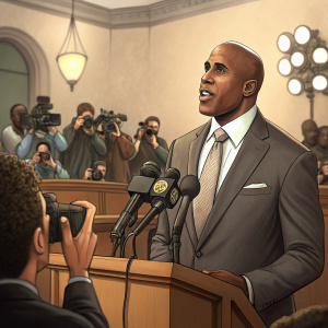 Barry Bonds, in a tailored suit, speaks at a press conference. Rows of microphones and flashing cameras fill the room.