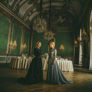 Ivanka Trump and Ursula von der Leyen at an elegant gala. The room is opulently decorated with gold and crystal chandeliers, emerald green walls, and a grand white tablecloth-covered banquet table.