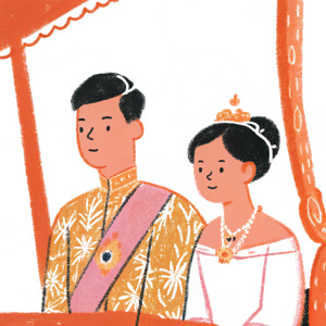 Crown Prince Maha Vajiralongkorn and Princess Srirasmi at a formal gala. They are dressed in traditional Thai royal attire.