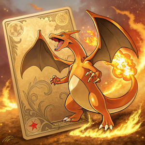 High-quality image of a rare Charizard Pokémon card. Shiny gold variant. Intense, fiery pose. Detailed artwork