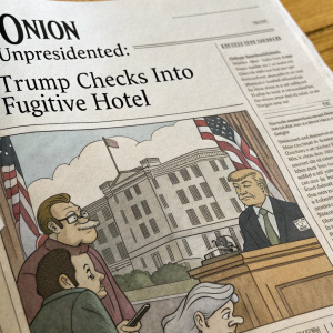 Front page of The Onion, satirical newspaper, with headline 'UNPRESIDENTED: TRUMP CHECKS INTO FUGITIVE HOTEL'. Depicting a cartoonish version of Trump and associates.