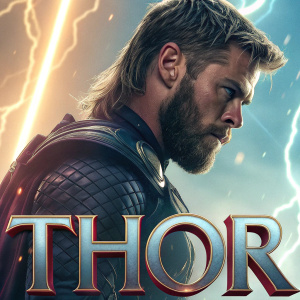 Promotional poster for Thor: Chris Hemsworth in a muscle-packed pose, with a rugged, bearded look. Dark, textured armor with glowing patterns. Bright, stylized background with cinematic lighting. THOR text at bottom.