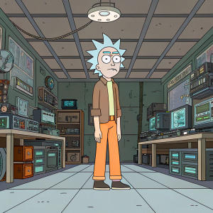 Rick Sanchez, from Rick and Morty, standing in a high-tech laboratory. Wears a brown button-up shirt, orange pants. Surrounded by advanced gadgets and equipment.