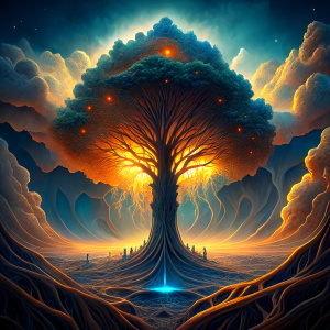 the tree of the knowledge of good and evil between hell below and heaven above, its roots and branches in the form of signal paths in electronics, more electronics