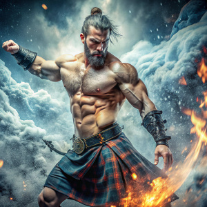 Illustration portraying a shirtless warrior clad in a kilt, surrounded by swirling ice, flames, and smoke, Art, Epic battle scene, Elemental chaos, Muscular prowess, Dramatic lighting.
