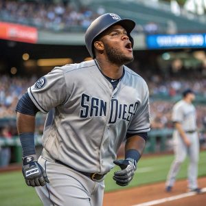 Franchy Cordero, a Padres player, in intense action. Gray jersey with Padres logo. Focused face. Crowded baseball stadium background