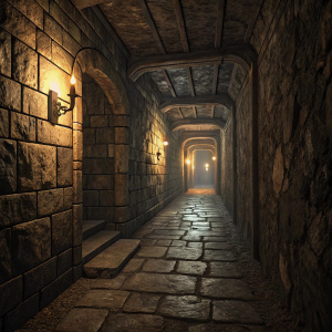 Concept art of a dark, narrow stone hallway from Wolfenstein: The Old Blood. The scene features uneven stone walls and floor, with a single light source casting a warm, golden light. Textured details and shadows are highlighted.