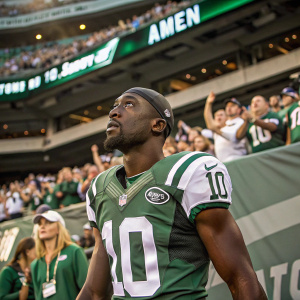 Santonio Holmes at a NFL stadium, wearing New York Jets jersey number 10. Serious expression. Fans in the background wearing team colors.