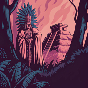 Mayan shaman adorned in ornate feather headdress and ceremonial robes. Standing amidst ancient ruins, surrounded by lush jungle and detailed carvings.