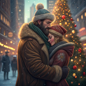 A heartwarming picture of a couple, both Caucasian, in a bustling city during winter. They are wrapped in a loving embrace, positioned in front of a dazzling Christmas tree. The man has a beard and wears a hat with a fur trim, while the woman sports a matching headpiece. Their intimate moment stands out against a background of vibrant holiday lights and blurred city scenes.