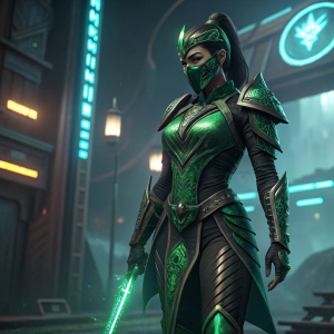 Kitana, the beautiful and deadly warrior from the Mortal Kombat universe, standing in a futuristic digital realm.