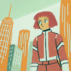 A 3D render of Kallen Kozuki, from Code Geass, standing in a futuristic cityscape. Wearing her iconic red and white close-fitting uniform with a zipper, short red bobbed hair, and striking blue eyes.
