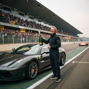 Eddie Irvine, standing beside a luxury sports car. Celebratory champagne pose. Trackside environment with crowd in background.