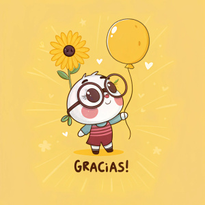 A cute cartoon character with large round glasses and a small round body, holding a yellow sunflower instead of a balloon, on a bright sunny yellow background. The words '¡gracias!' are still present below.