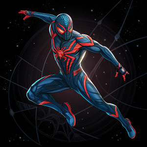 Illustration of Spider-Man 2099. Dynamic action pose. Futuristic tech suit with blue and red highlights. Black background with galaxy details.
