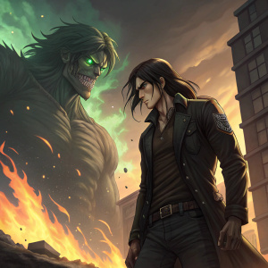 Eren Jaeger, a strong hybrid character, standing amidst chaos. He's dressed in a dark jacket and brown shirt. Long dark hair, normal skin. Amidst a fiery battleground with a giant monster looming, eyes glowing green. The scene is vivid with hues of green, orange, and yellow.