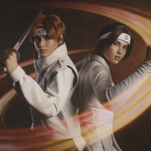 Trading card featuring Naruto characters Mai Gai and Rei. Fighting stance, dynamic background