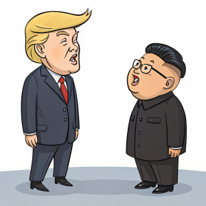 Cartoon depiction of a meeting between President Donald Trump and North Korea's Kim Jong Un. Both figures are rendered in a whimsical, exaggerated style with bold expressions. The backdrop is plain.