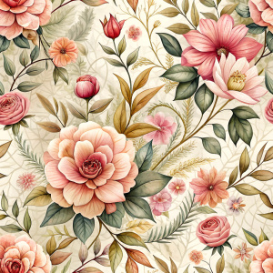 Pattern Seamless, Vector, Vintage Old Soft Colors, Pink Scale, Abstract Flowers and Leaves. white background