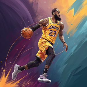 LeBron James fan art, digital illustration, dynamic pose, abstract style