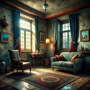 Poor Turkish student house. There are old armchairs, a study table and a wood stove. There is linoleum and old carpet on the floor. There are old 80's curtains on the window. There is a small dining table and 2 chairs. A light bulb hangs from the ceiling.