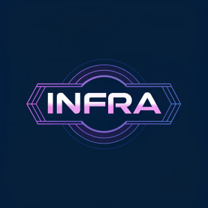 Infra logo, sleek and modern design. Purplish hues against dark blue background. Futuristic feel