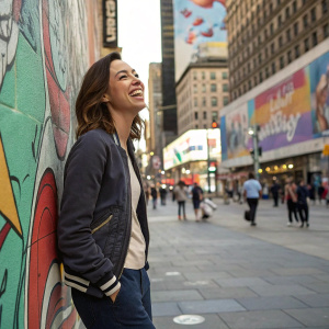 Aubrey Plaza, standing in a bustling city square, against a vibrant graffiti background. Casual outfit, laughing.